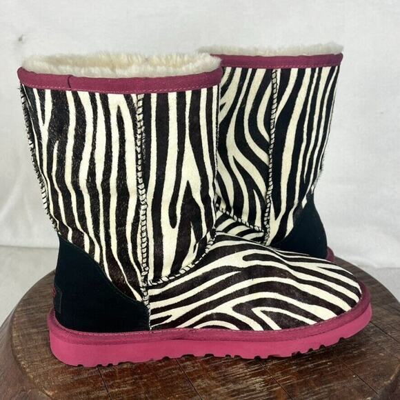 UGG Australia Boots Womens 6 Classic Short Leather Real Fur Zebra Print Lined - Picture 9 of 13